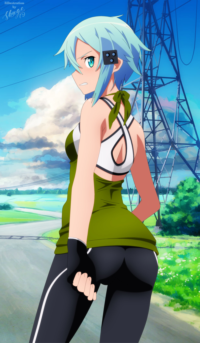 1girl artist_name black_gloves black_pants blue_eyes blue_hair blue_sky clenched_teeth day fingerless_gloves from_behind gloves hair_between_eyes hair_ornament hairclip highres looking_at_viewer looking_back outdoors pants profile shiny shiny_hair short_hair shugo19 sinon skin_tight sky sleeveless solo standing sword_art_online teeth watermark