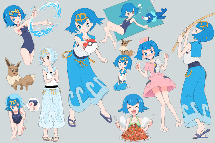 1girl ^_^ alternate_costume betuni blue_eyes blue_hair blue_sailor_collar blush closed_eyes closed_mouth cosplay eevee fishing_rod flip-flops food fork freckles gen_1_pokemon gen_7_pokemon grey_background hairband highres holding holding_fishing_rod holding_fork holding_poke_ball joy_(pokemon) joy_(pokemon)_(cosplay) multiple_views on_head one-piece_swimsuit open_mouth plate poke_ball poke_ball_(basic) pokemon pokemon_(anime) pokemon_(creature) pokemon_on_head pokemon_sm_(anime) popplio sailor_collar sandals shirt short_hair sleeveless smile suiren_(pokemon) swimsuit swimsuit_under_clothes thought_bubble toes water