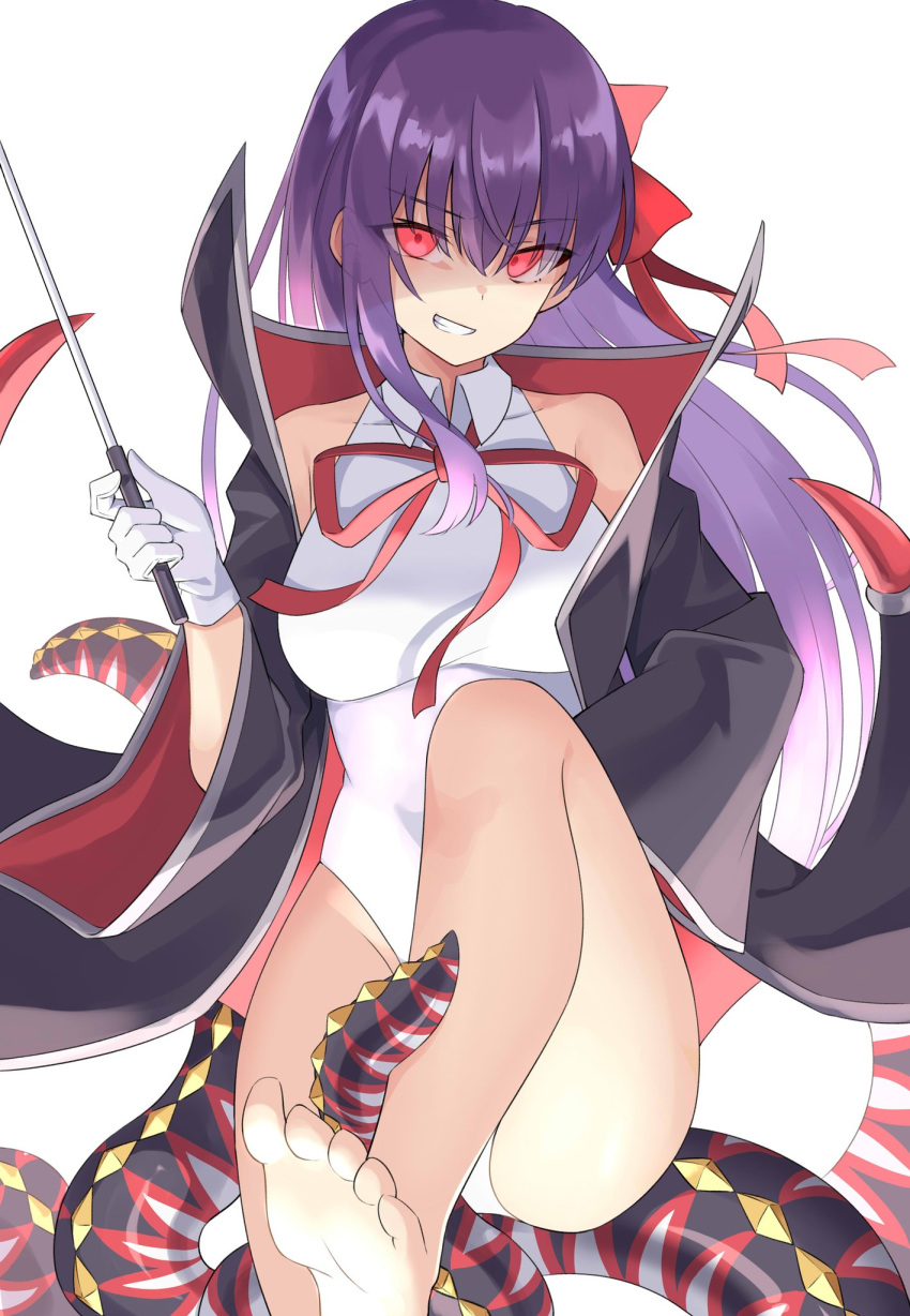 100 1girl bangs bare_shoulders barefoot bat_wings bb_(fate)_(all) bb_(swimsuit_mooncancer)_(fate) black_coat breasts coat fate/grand_order fate_(series) feet gloves grin hair_ribbon highres holding holding_wand large_breasts legs leotard long_hair long_sleeves looking_at_viewer neck_ribbon open_clothes open_coat popped_collar purple_hair red_eyes red_ribbon ribbon simple_background sitting smile tentacles toes very_long_hair wand white_background white_gloves white_leotard wide_sleeves wings