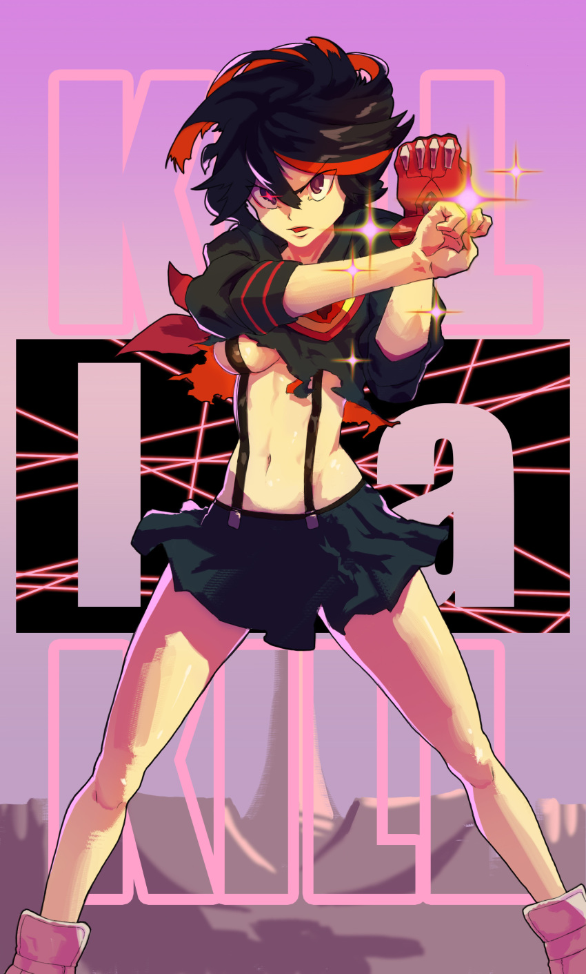 1girl absurdres bangs black_hair breasts commentary_request copyright_name gloves hands_up highres johnny-chan kill_la_kill knees matoi_ryuuko microskirt multicolored_hair navel pink_footwear pleated_skirt red_gloves redhead senketsu shoes short_hair single_glove skirt streaked_hair suspenders two-tone_hair under_boob