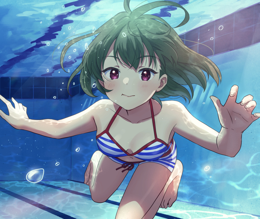 1girl ahoge air_bubble bangs bare_arms bare_legs bare_shoulders barefoot bikini bikini_shorts blue_bikini blush breasts bubble caustics closed_mouth collarbone commentary_request emu_(emum) eyebrows_visible_through_hair feet_out_of_frame fingernails floating_hair foreshortening freediving green_hair halter_top halterneck hands_up highres holding_breath idolmaster idolmaster_million_live! indoors light_rays looking_at_viewer medium_breasts medium_hair nagayoshi_subaru navel pool shorts solo striped striped_bikini swimming swimsuit underwater violet_eyes water