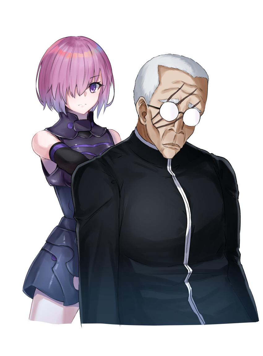 1girl absurdres armor armored_dress bare_shoulders black_jacket black_sleeves blush breasts commentary_request detached_sleeves facial_scar fate/grand_order fate_(series) frown hair_over_one_eye highres jacket looking_at_viewer mash_kyrielight mr.doukotsu scar short_hair simple_background violet_eyes white_background white_hair