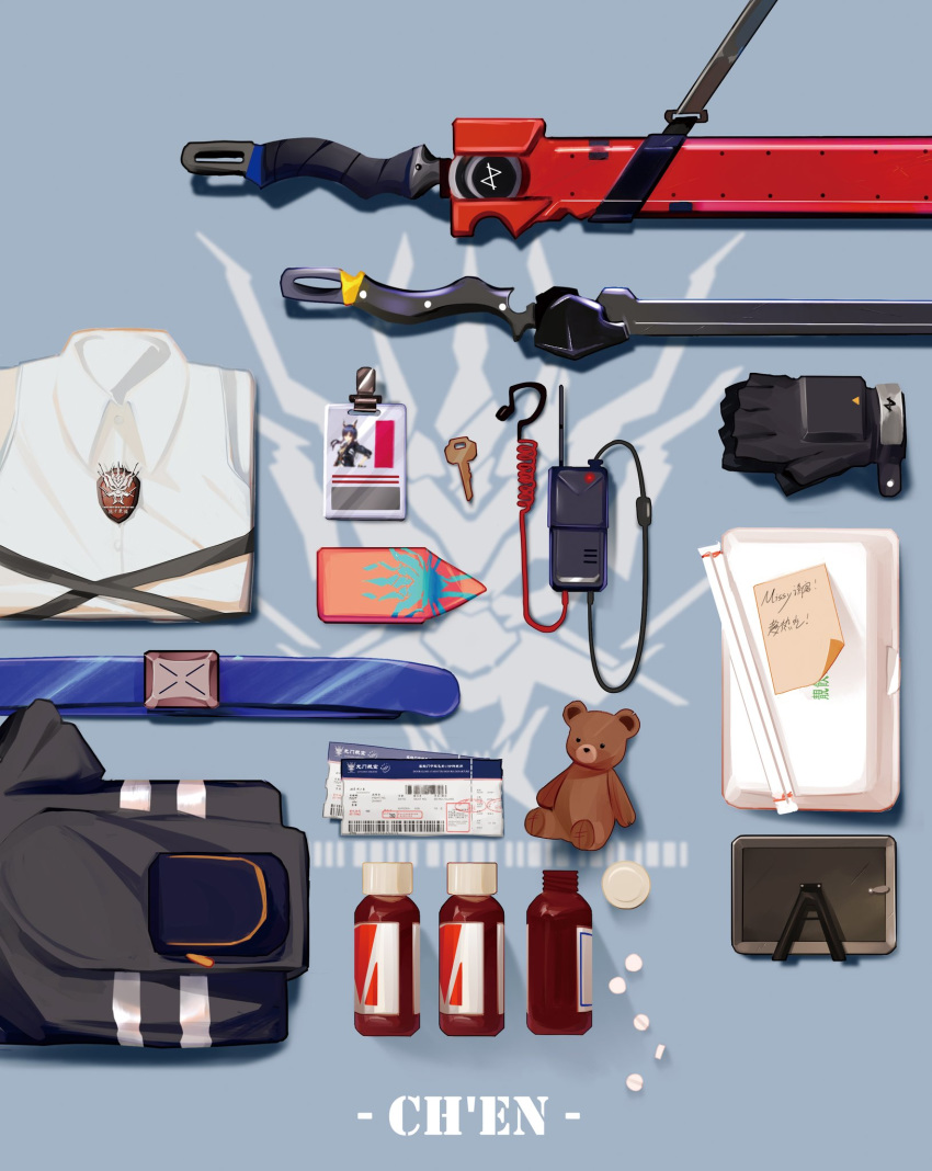 arknights belt ch'en_(arknights) character_name fingerless_gloves folded_clothes frame gloves great_lungmen_logo highres key name_tag necktie no_humans pill pill_bottle pouch sheath sheathed shirt sword ticket ting_(machi_nakahara) walkie-talkie weapon white_shirt