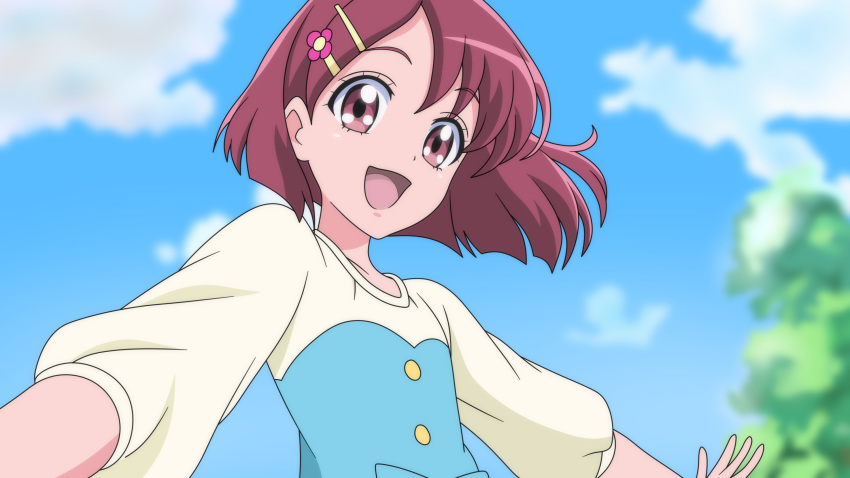1girl :d anime_coloring bangs blue_sky blurry blurry_background brown_eyes brown_hair clouds day dearigazu2001 eyebrows_visible_through_hair floating_hair flower hair_flower hair_ornament hairclip hanadera_nodoka healin'_good_precure highres long_sleeves open_mouth outdoors outstretched_arms precure shiny shiny_hair shirt short_hair sky smile solo upper_body white_shirt