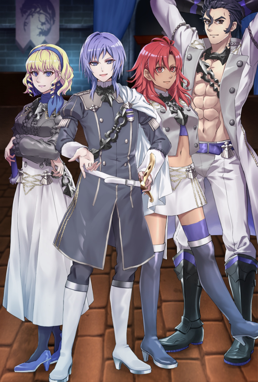 2boys 2girls :d abs armored_boots arms_behind_head balthus_(fire_emblem) bangs black_eyes black_hair black_legwear blonde_hair blue_eyes blue_hairband blue_scarf boots breasts brick_floor brick_wall cape center_frills closed_mouth commentary_request constance_von_nuvelle crop_top crossed_arms dark_skin earrings eyebrows_visible_through_hair fan fire_emblem fire_emblem:_three_houses full_body garreg_mach_monastery_uniform grey_jacket grey_pants groin group_picture hair_strand hairband hapi_(fire_emblem) high_heel_boots high_heels highres holding holding_fan holding_sword holding_weapon indoors jacket jewelry long_skirt long_sleeves looking_at_viewer medium_breasts midriff miniskirt multicolored_hair multiple_boys multiple_girls navel open_clothes open_jacket open_mouth pants pantyhose parted_lips purple_footwear purple_hair purple_legwear reaching red_eyes redhead scarf shadow sheath sheathed shinae short_hair sideburns sidelocks single_thighhigh skirt smile standing standing_on_one_leg sword thigh-highs thigh_boots uniform violet_eyes weapon white_cape white_footwear white_jacket white_pants white_skirt yuri_(fire_emblem) zettai_ryouiki