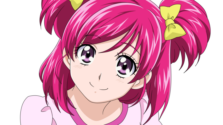 1girl anime_coloring bangs blush bow closed_mouth dearigazu2001 eyebrows_visible_through_hair hair_between_eyes hair_bow highres looking_at_viewer pink_shirt portrait precure redhead shiny shiny_hair shirt short_hair simple_background smile solo swept_bangs two_side_up violet_eyes white_background yellow_bow yes!_precure_5 yumehara_nozomi
