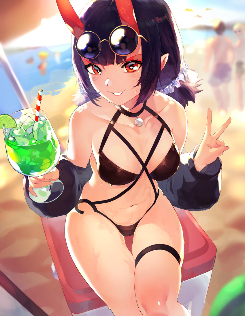 1girl absurdres bangs bare_shoulders bikini black_bikini blush breasts collarbone cup drinking_glass eyeliner fate/grand_order fate_(series) grin highres horns looking_at_viewer low_twintails makeup okoru_ringo oni oni_horns orange_eyes pointy_ears purple_hair short_hair short_twintails shuten_douji_(fate/grand_order) skin-covered_horns small_breasts smile sunglasses swimsuit twintails