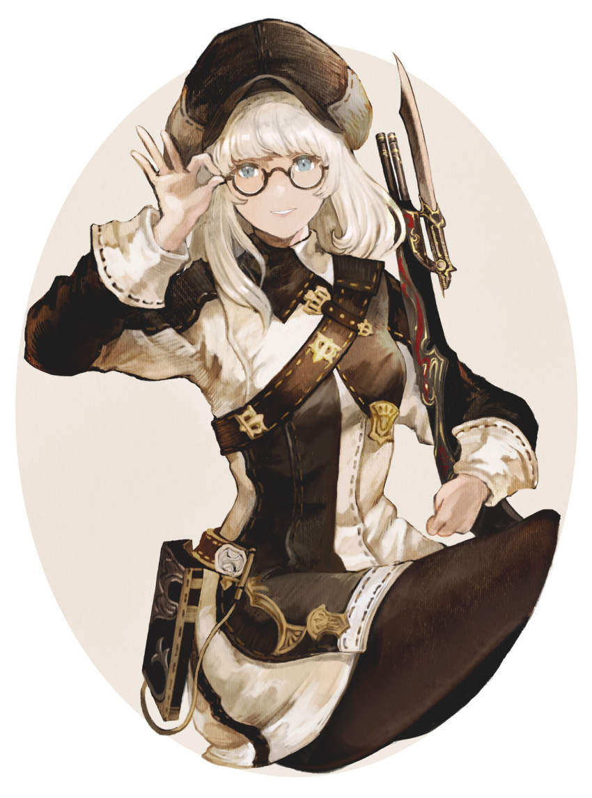 1girl bangs bayonet black-framed_eyewear black_headwear blue_eyes blunt_bangs final_fantasy final_fantasy_xiv glasses gun hat highres holding holding_gun holding_weapon ito_(silva) long_hair parted_lips round_eyewear sitting smile solo two-tone_background weapon white_hair