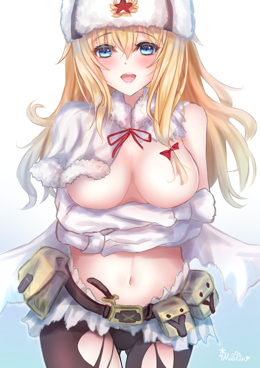 1girl absurdres artist_name baggy_pants belt black_legwear blonde_hair blue_eyes blush bow breasts crossed_arms eyebrows_visible_through_hair girls_frontline hair_between_eyes hair_bow hat highres long_hair looking_at_viewer martinreaction medium_breasts mosin-nagant_(girls_frontline) neck_ribbon open_mouth pants pantyhose papakha ribbon simple_background solo torn_clothes torn_legwear