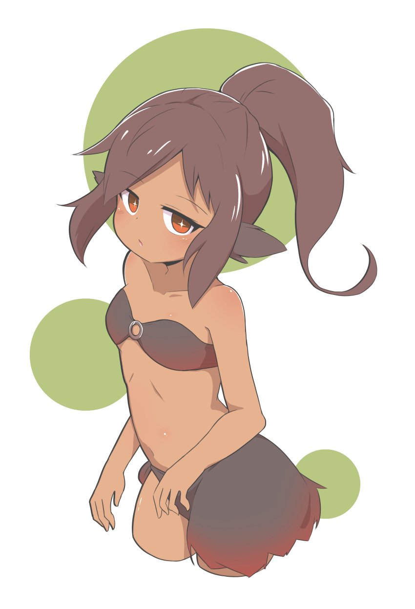 +_+ 1girl absurdres bare_arms bare_shoulders bikini black_bikini blush brown_eyes closed_mouth commentary_request cowboy_shot cropped_legs dark_skin green_background highres idaten93 long_hair looking_at_viewer navel o-ring o-ring_bikini o-ring_top original ponytail solo swimsuit two-tone_background white_background
