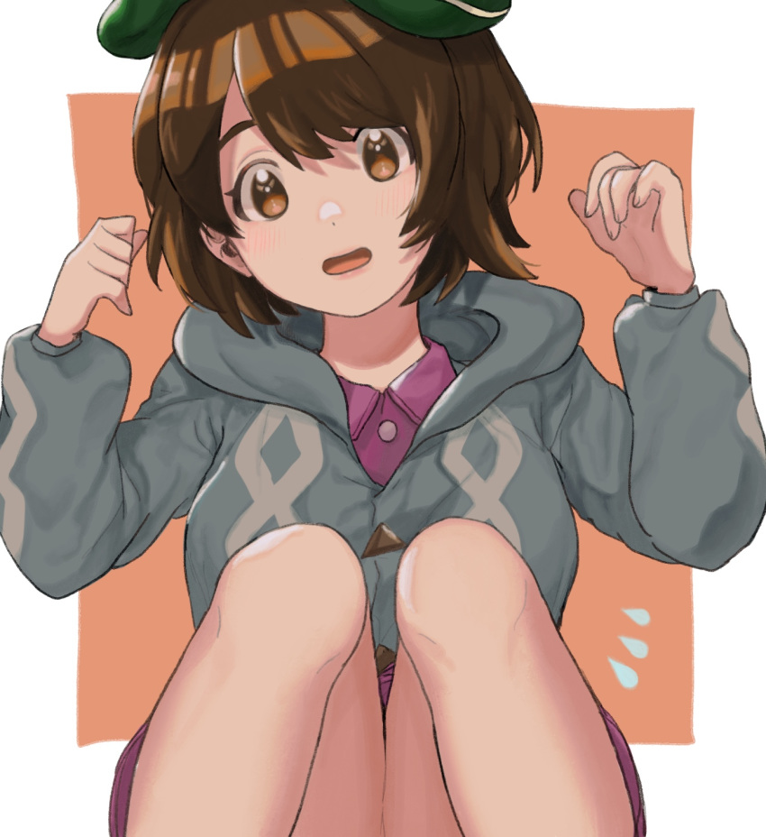 1girl bangs blush brown_eyes brown_hair cardigan collared_dress commentary_request dondon_ojisan dress green_headwear grey_cardigan hands_up highres knees long_sleeves looking_at_viewer open_mouth pink_dress pokemon pokemon_(game) pokemon_swsh short_hair solo tam_o'_shanter tongue yuuri_(pokemon)