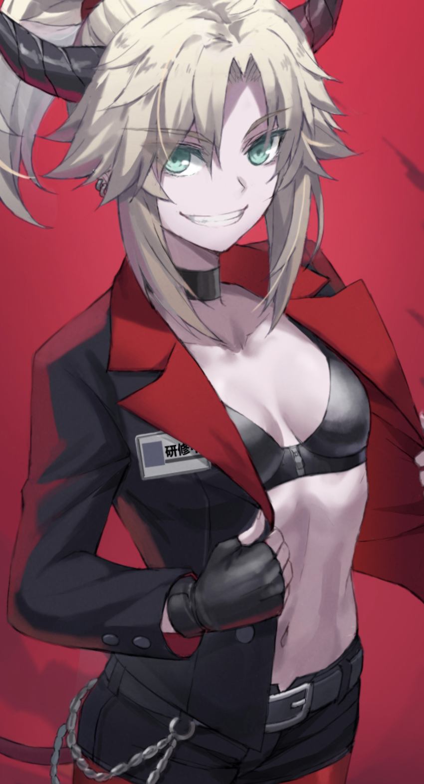 1girl bangs belt black_bra black_jacket blonde_hair bra braid breasts chain eyebrows_visible_through_hair eyes_visible_through_hair fate/apocrypha fate_(series) french_braid green_eyes grin hair_ornament hair_scrunchie highres horns jacket long_hair long_sleeves looking_at_viewer mordred_(fate)_(all) navel open_clothes open_jacket parted_bangs ponytail red_background red_scrunchie scrunchie sidelocks simple_background small_breasts smile tonee underwear