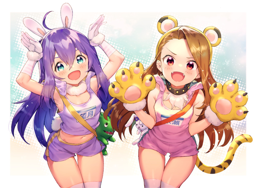 2girls :d animal_ears aqua_eyes arms_up bangs bare_shoulders brown_hair bunny_pose bunny_tail claw_pose collar commentary fake_animal_ears fangs fur_collar gloves hair_between_eyes hands_up highres hood hood_down idolmaster idolmaster_(classic) idolmaster_million_live! long_hair looking_at_viewer minase_iori mochizuki_anna multiple_girls name_tag navel open_mouth paw_gloves paws pink_shorts pink_tank_top purple_hair purple_shorts rabbit_ears red_eyes shennai_misha short_shorts shorts smile studded_collar symbol_commentary tail tank_top thigh_gap tiger_ears tiger_tail v-shaped_eyebrows white_gloves
