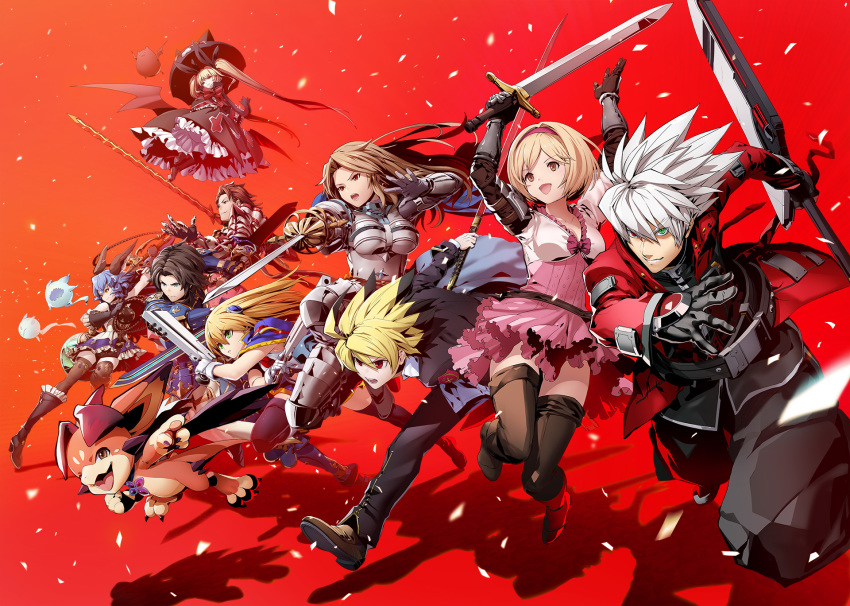 4boys 5girls arc_system_works armor black_hair black_legwear blazblue blazblue:_cross_tag_battle blonde_hair blue_hair brown_hair closed_mouth confetti djeeta_(granblue_fantasy) ferry_(granblue_fantasy) granblue_fantasy granblue_fantasy_versus green_eyes grin gun heterochromia highres holding holding_gun holding_sword holding_weapon holding_whip hyde_(under_night_in-birth) katalina_aryze lancelot_(fate/grand_order) long_hair multiple_boys multiple_girls noel_vermillion official_art open_mouth parasol percival_(granblue_fantasy) pink_skirt rachel_alucard ragna_the_bloodedge red_background red_eyes simple_background skirt smile sword thigh-highs thighs twintails umbrella under_night_in-birth vee_(granblue_fantasy) weapon white_hair zettai_ryouiki