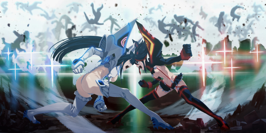 2girls bangs black_hair blue_eyes boots breasts commentary_request eye_contact high_heel_boots high_heels highres junketsu kamui_(kill_la_kill) kill_la_kill kiryuuin_satsuki long_hair looking_at_another matoi_ryuuko microskirt multicolored_hair multiple_girls navel olg_(olgpixi) open_mouth pleated_skirt redhead revealing_clothes senketsu skirt streaked_hair suspenders teeth thigh-highs thigh_boots tongue two-tone_hair