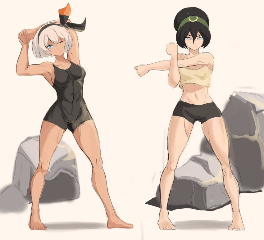 2girls ass_visible_through_thighs avatar:_the_last_airbender avatar_(series) barefoot black_hair bodysuit boulder breasts character_request crop_top hair_between_eyes highres medium_breasts multiple_girls muscle muscular_female navel one_eye_closed pokemon pokemon_(game) pokemon_swsh rakeem_garcia-cueto saitou_(pokemon) sketch small_breasts stretch tan toph_bei_fong white_background yellow_eyes