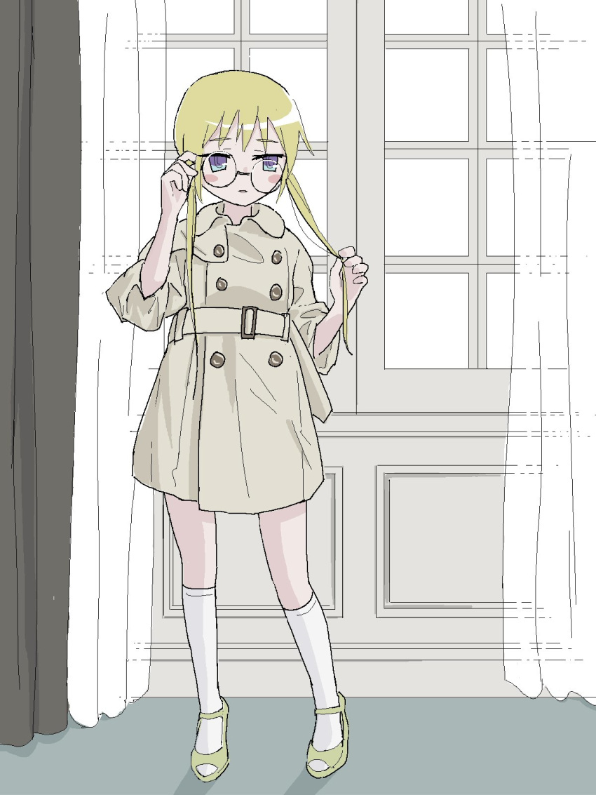 1girl belt blonde_hair blush_stickers coat contrapposto curtains double-breasted full_body green_footwear grey_coat highres kill_me_baby long_hair nadegata parted_lips ringed_eyes round_eyewear semi-rimless_eyewear shoes socks solo sonya_(kill_me_baby) standing twintails under-rim_eyewear violet_eyes white_legwear