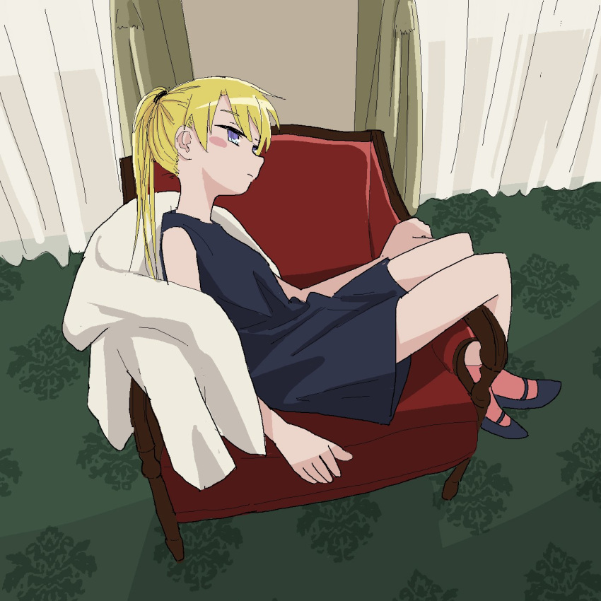 1girl armchair black_dress blonde_hair blush_stickers chair closed_eyes closed_mouth curtains dress from_side highres jacket jacket_removed kill_me_baby long_hair looking_at_viewer nadegata short_dress sitting sitting_sideways solo sonya_(kill_me_baby) twintails violet_eyes