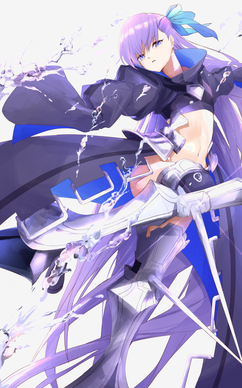 1girl absurdres armored_boots artist_request bangs black_jacket blue_eyes blue_ribbon boots breasts cropped_jacket fate/extra fate/extra_ccc fate_(series) faulds hair_ribbon highres jacket leg_up long_hair long_sleeves looking_at_viewer meltryllis navel prosthesis prosthetic_leg purple_hair ribbon sleeves_past_fingers sleeves_past_wrists small_breasts spikes very_long_hair water