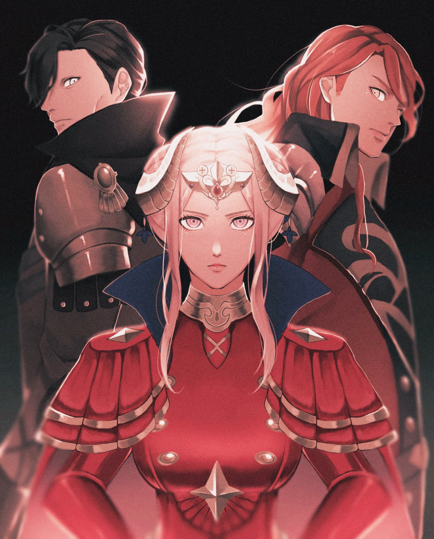 1girl 2boys black_hair closed_mouth edelgard_von_hresvelg fake_horns ferdinand_von_aegir fire_emblem fire_emblem:_three_houses from_side headpiece highres horns hubert_von_vestra long_hair long_sleeves looking_to_the_side multiple_boys orange_hair short_hair simple_background violet_eyes watayumi_leo white_hair