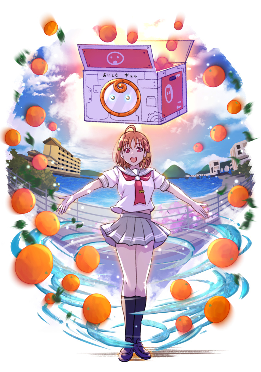 1girl :d beach birthday box food fruit full_body highres jojo_no_kimyou_na_bouken jojo_pose loafers love_live! love_live!_sunshine!! mandarin_orange mikan_box one_more_sunshine_story open_mouth outstretched_arms parody pose school_uniform shamakho shoes smile stand_(jojo) takami_chika uchiura uranohoshi_school_uniform