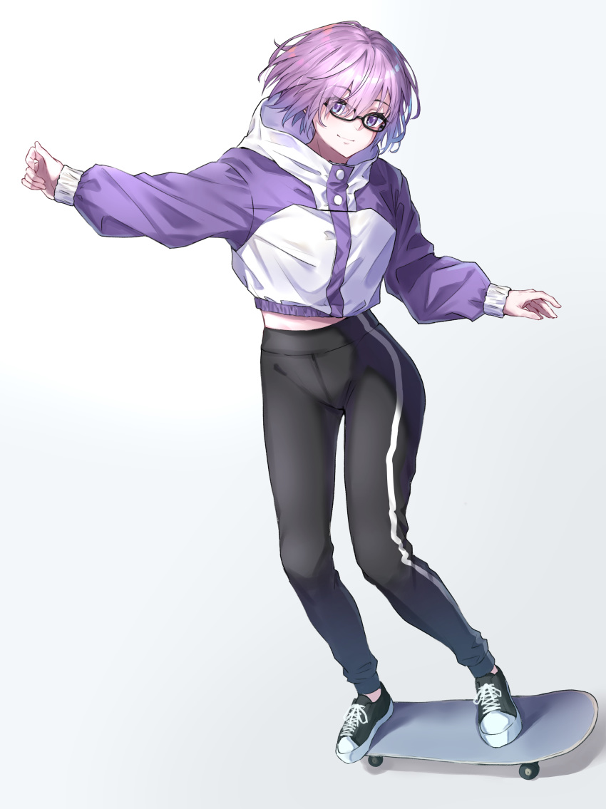 1girl absurdres black_footwear black_pants blush breasts commentary_request eyebrows_visible_through_hair fate/grand_order fate_(series) glasses hair_over_one_eye highres jacket lavender_hair long_sleeves looking_at_viewer mash_kyrielight mr.doukotsu multicolored multicolored_clothes multicolored_jacket pants purple_jacket short_hair skateboard skateboarding smile solo sportswear violet_eyes white_background white_jacket