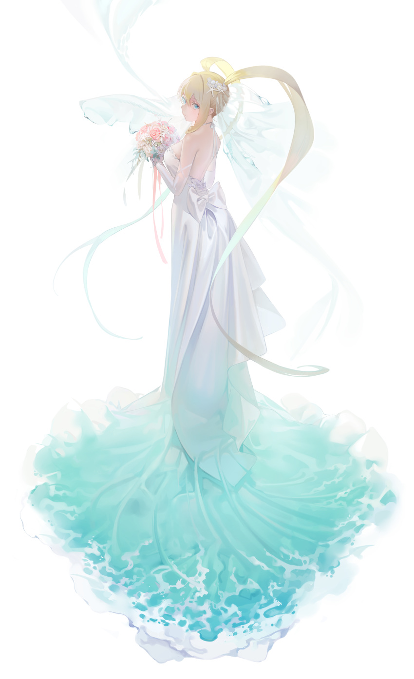 1girl absurdres backless_dress backless_outfit bangs bare_shoulders blonde_hair blue_eyes bouquet breasts bridal_veil bride dress elbow_gloves flower foam from_side full_body gloves hair_ornament highres holding large_breasts liquid_clothes long_hair looking_at_viewer mermaid_melody_pichi_pichi_pitch nanami_lucia ohisashiburi simple_background solo strapless strapless_dress tiara veil very_long_hair water waves wedding wedding_dress white_background white_dress white_gloves