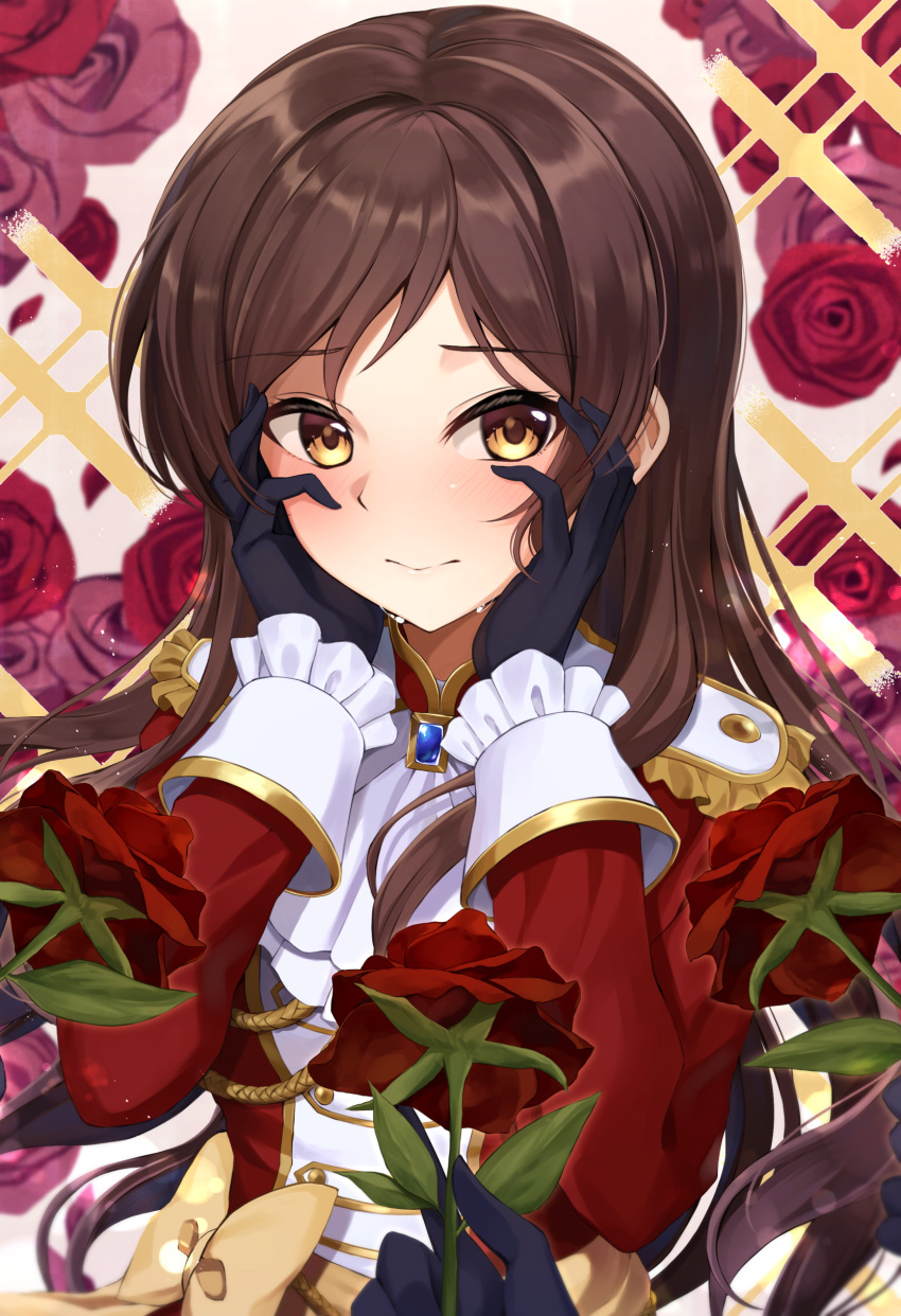 4girls absurdres bangs black_gloves black_rabbit blush brown_hair closed_mouth epaulettes flower gloves highres holding holding_flower idolmaster idolmaster_million_live! idolmaster_million_live!_theater_days kitazawa_shiho long_hair long_sleeves looking_at_viewer multiple_girls parted_bangs red_flower red_rose rose solo_focus sweat upper_body yellow_eyes
