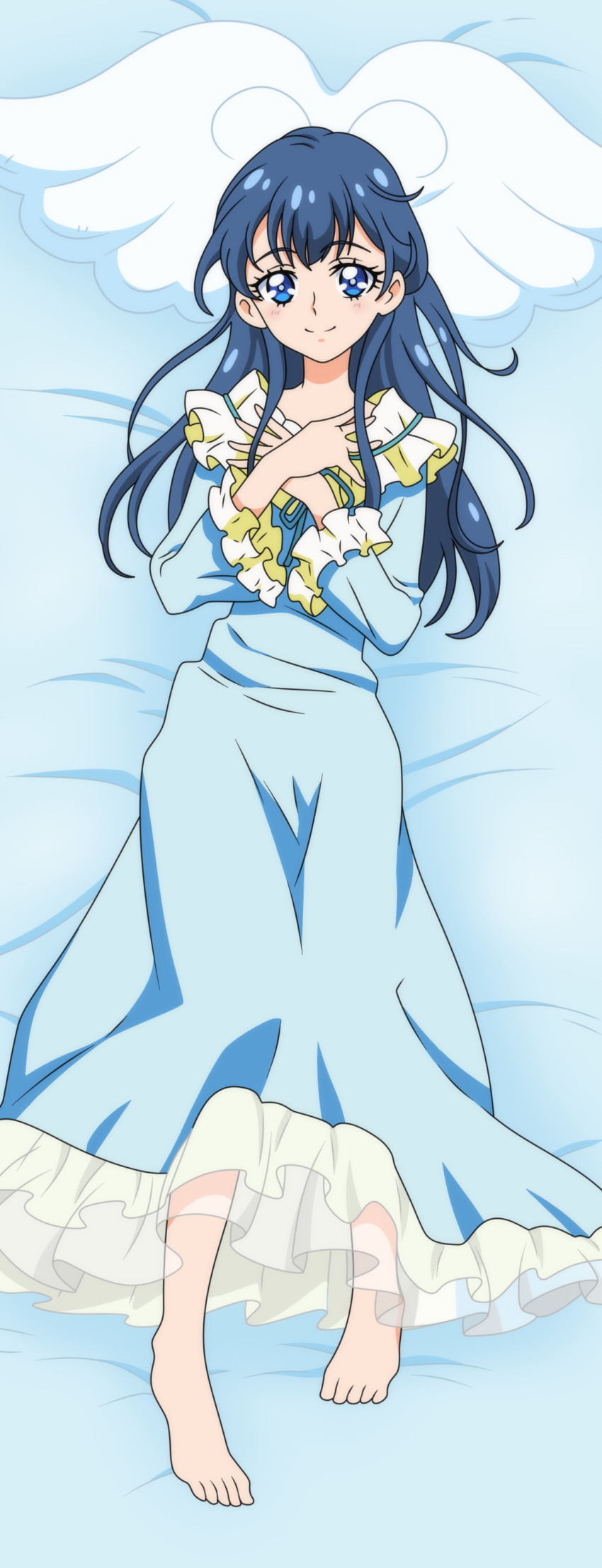 1girl absurdres anime_coloring bangs barefoot bed_sheet blue_eyes blue_hair blue_ribbon blue_sleeves closed_mouth dakimakura dearigazu2001 eyebrows_visible_through_hair from_above full_body hair_between_eyes hair_down highres hugtto!_precure long_hair long_sleeves looking_at_viewer lying neck_ribbon on_back precure ribbon shiny shiny_hair smile solo straight_hair yakushiji_saaya