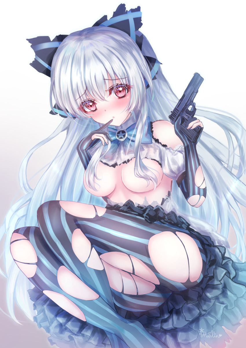 1girl absurdres artist_name blue_hair blush bow bowtie breasts elbow_gloves eyebrows_visible_through_hair finger_to_mouth girls_frontline gloves gun hair_between_eyes hair_ribbon hand_on_weapon handgun highres long_hair looking_at_viewer martinreaction pantyhose partly_fingerless_gloves pistol ribbon small_breasts solo striped striped_gloves striped_legwear thighs tokarev_(girls_frontline) tokarev_tt-33 torn_clothes torn_gloves torn_legwear violet_eyes weapon white_background