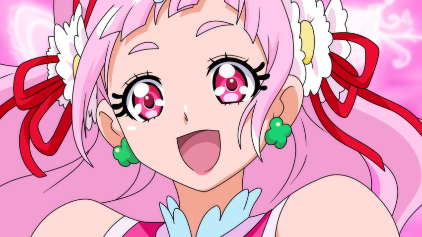 1girl :d anime_coloring bangs bare_shoulders blurry blurry_background cure_yell dearigazu2001 earrings floating_hair flower hair_flower hair_ornament hair_ribbon hugtto!_precure jewelry long_hair looking_at_viewer open_mouth pink_background pink_hair portrait precure red_eyes red_ribbon ribbon shiny shiny_hair smile solo white_flower