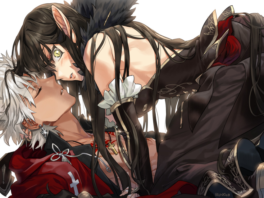 1boy 1girl absurdly_long_hair amakusa_shirou_(fate) bangs bare_shoulders black_dress black_hair blush breasts bridal_gauntlets brown_eyes closed_eyes couple cross cross_necklace detached_sleeves dress earrings eyebrows_visible_through_hair fate/apocrypha fate/grand_order fate_(series) fur_trim g0ringo girl_on_top hetero jacket jewelry large_breasts long_dress long_hair looking_at_viewer necklace parted_lips pink_lips pointy_ears red_jacket semiramis_(fate) short_hair sweatdrop very_long_hair white_hair yellow_eyes