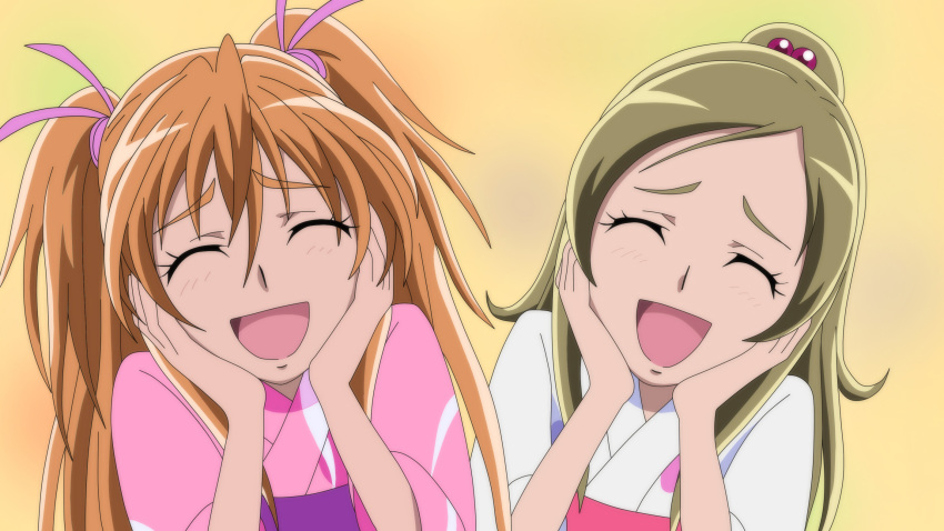 2girls :d anime_coloring brown_hair closed_eyes dearigazu2001 hair_bobbles hair_ornament hair_ribbon hands_on_own_cheeks hands_on_own_face highres houjou_hibiki japanese_clothes kimono long_hair minamino_kanade multiple_girls open_mouth pink_kimono pink_ribbon precure ribbon shiny shiny_hair smile suite_precure upper_body white_kimono yellow_background