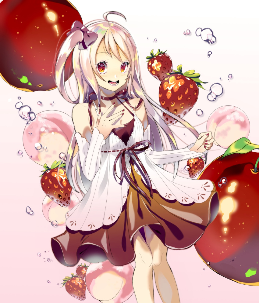 1girl ahoge apple bow detached_sleeves eyebrows_visible_through_hair food fruit hair_bow halter_top halterneck hand_up highres long_hair okutani_toro one_side_up open_mouth original peach pink_hair purple_bow red_eyes red_nails smile solo strawberry symbol_commentary