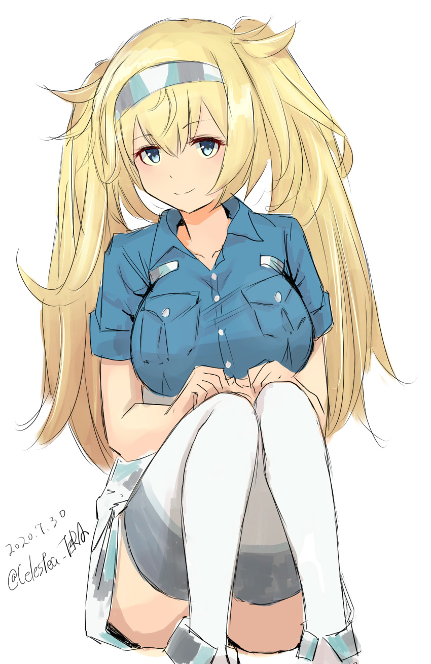 1girl blonde_hair blue_eyes blue_shirt breast_pocket breasts celestea_tera collared_shirt dated gambier_bay_(kantai_collection) hairband highres kantai_collection large_breasts long_hair looking_at_viewer pocket shirt shorts simple_background solo thigh-highs twintails twitter_username white_background white_legwear