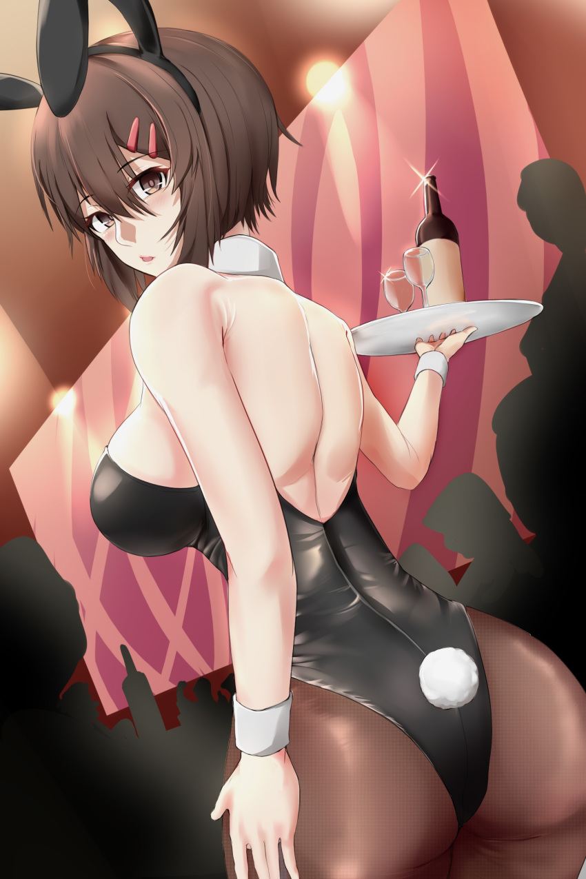 1girl absurdres animal_ears ass black_leotard bottle breasts brown_eyes brown_hair brown_legwear bunny_girl bunny_tail bunnysuit cup detached_collar drinking_glass dutch_angle from_behind fumix highres large_breasts leotard looking_at_viewer looking_back original pantyhose rabbit_ears short_hair solo strapless strapless_leotard tail tray waitress wine_bottle wine_glass wrist_cuffs