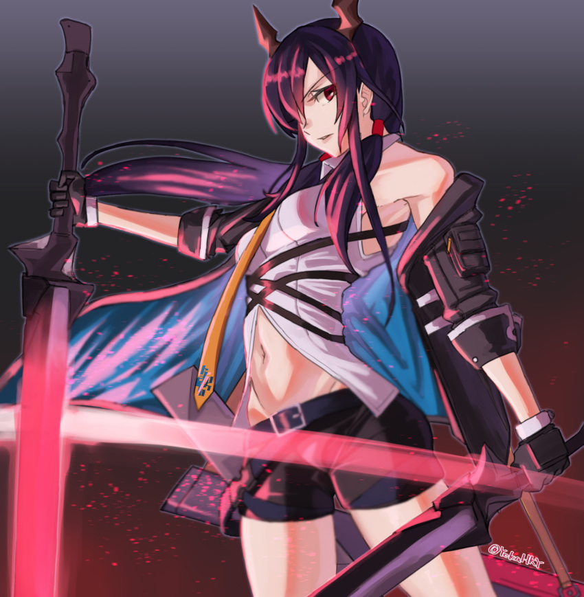 1girl arknights bangs bare_shoulders belt black_gloves breasts ch'en_(arknights) commentary_request eyelashes gloves hair_between_eyes hair_tie highres holding holding_sword holding_weapon horns jacket kumamiya long_hair looking_at_viewer looking_to_the_side navel shirt shorts sidelocks sleeveless solo sword tied_hair weapon white_shirt