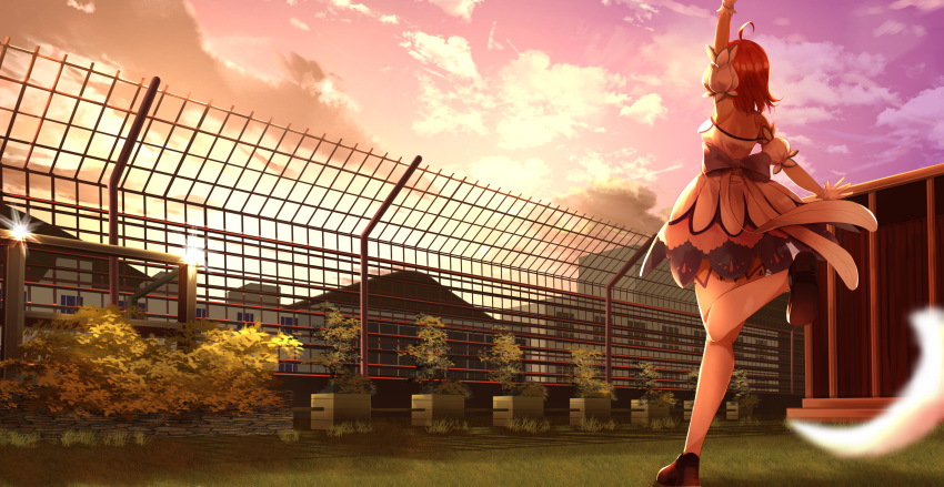 1girl absurdres ahoge arm_up armpits blurry_foreground building bush clouds detached_sleeves dress fence from_behind gloves grass highres love_live! love_live!_school_idol_project love_live!_sunshine!! orange_hair orein outdoors plant potted_plant short_hair sky sleeveless sleeveless_dress solo standing standing_on_one_leg sunset takami_chika thigh-highs white_legwear zettai_ryouiki