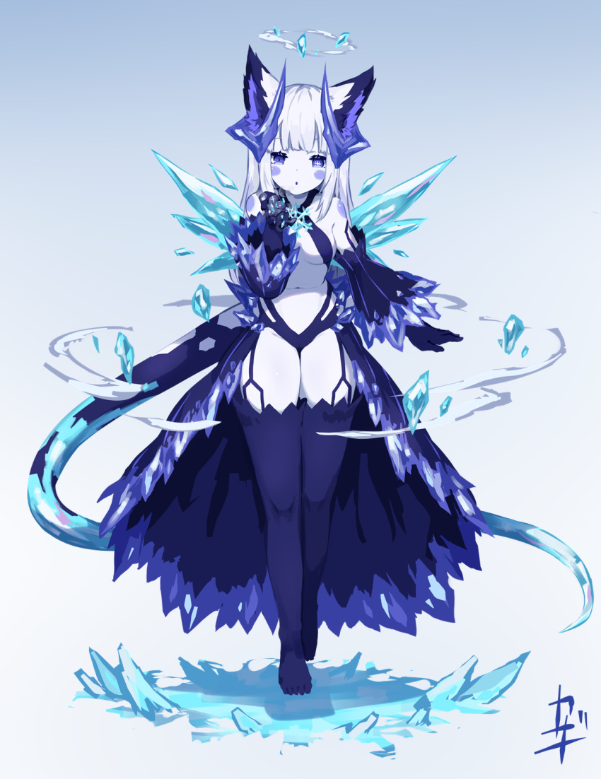 1girl :o animal_ear_fluff animal_ears bare_shoulders black_gloves black_sleeves blue_background blue_leotard blush_stickers breasts center_opening curled_horns detached_sleeves full_body gloves gradient gradient_background hand_up highres horns ice kazana_(sakuto) leotard long_hair long_sleeves looking_at_viewer no_shoes original parted_lips purple_legwear silver_hair small_breasts snowflakes solo standing standing_on_one_leg thigh-highs very_long_hair violet_eyes white_background wide_sleeves