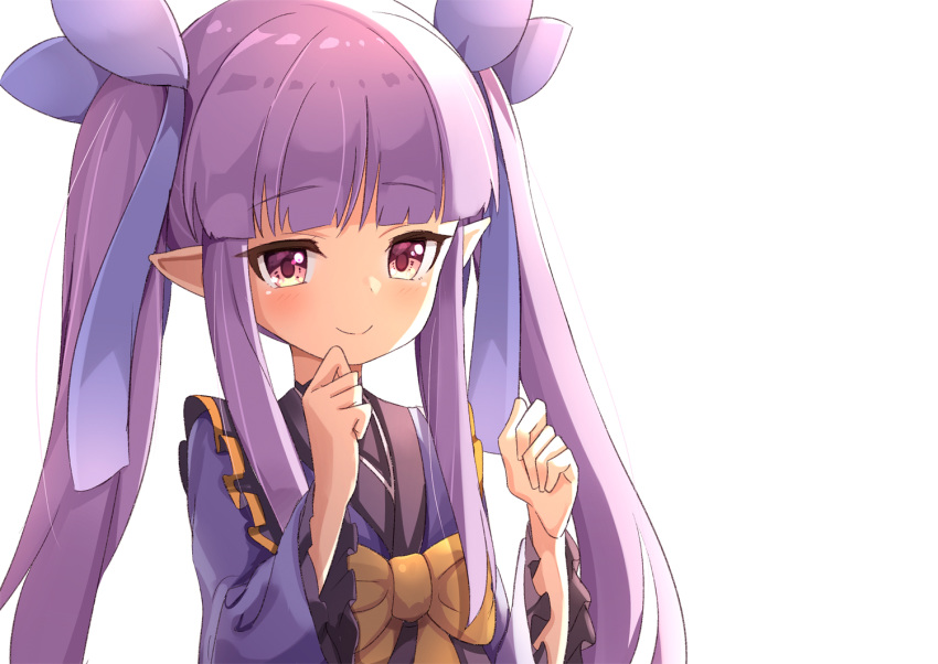 1girl ame. bangs blue_kimono blue_ribbon blush closed_mouth commentary_request eyebrows_visible_through_hair hair_ribbon hands_up japanese_clothes kimono kyouka_(princess_connect!) long_hair long_sleeves looking_away pink_eyes princess_connect! princess_connect!_re:dive purple_hair ribbon sidelocks simple_background smile solo twintails upper_body white_background wide_sleeves