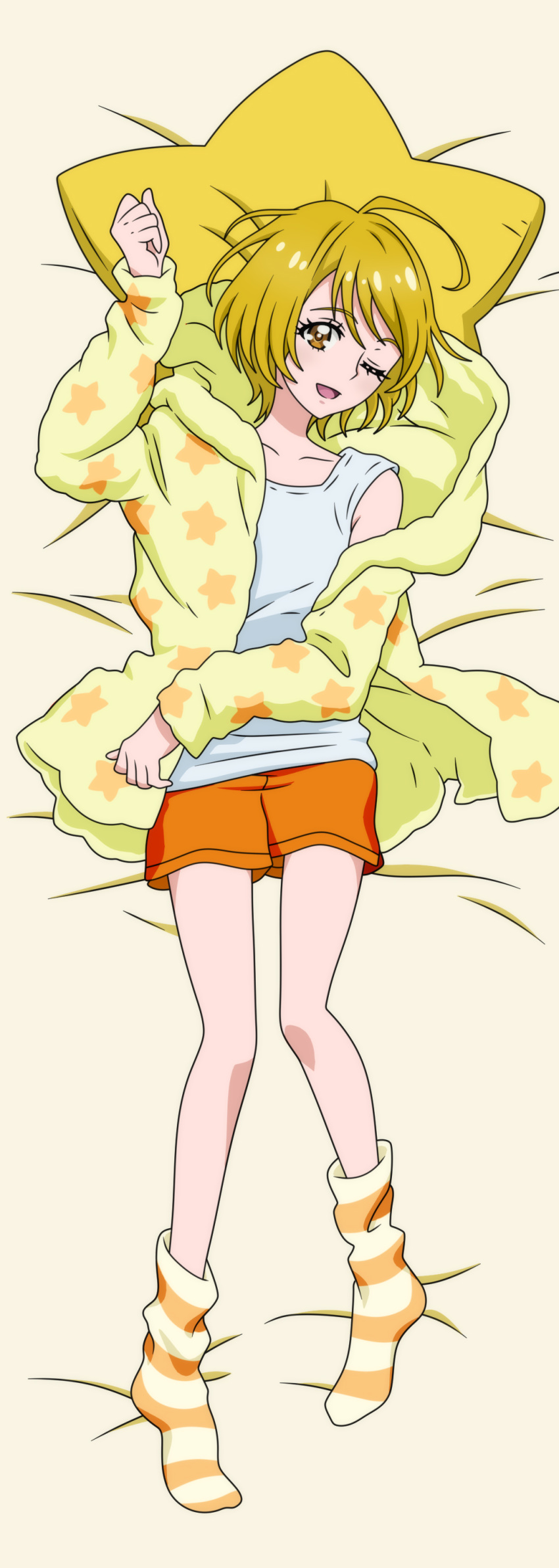1girl ;d absurdres anime_coloring bed_sheet blonde_hair brown_eyes cardigan collarbone dakimakura dearigazu2001 from_behind full_body head_tilt highres hood hood_down hooded_cardigan hugtto!_precure kagayaki_homare lying off_shoulder on_back one_eye_closed open_cardigan open_clothes open_mouth orange_shorts precure shiny shiny_hair shirt short_hair short_shorts shorts sleeveless sleeveless_shirt smile solo star_pillow striped striped_legwear white_shirt yellow_cardigan