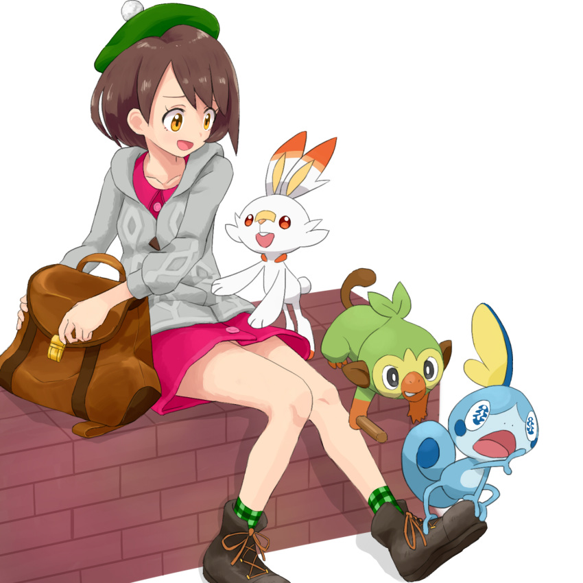 1girl :d bag bangs betuni boots brown_eyes brown_footwear brown_hair cardigan collarbone commentary_request dress gen_8_pokemon green_headwear green_legwear grey_cardigan grookey highres holding knees_together_feet_apart open_mouth pink_dress pokemon pokemon_(creature) pokemon_(game) pokemon_swsh scorbunny sitting smile sobble socks starter_pokemon starter_pokemon_trio tam_o'_shanter yuuri_(pokemon)