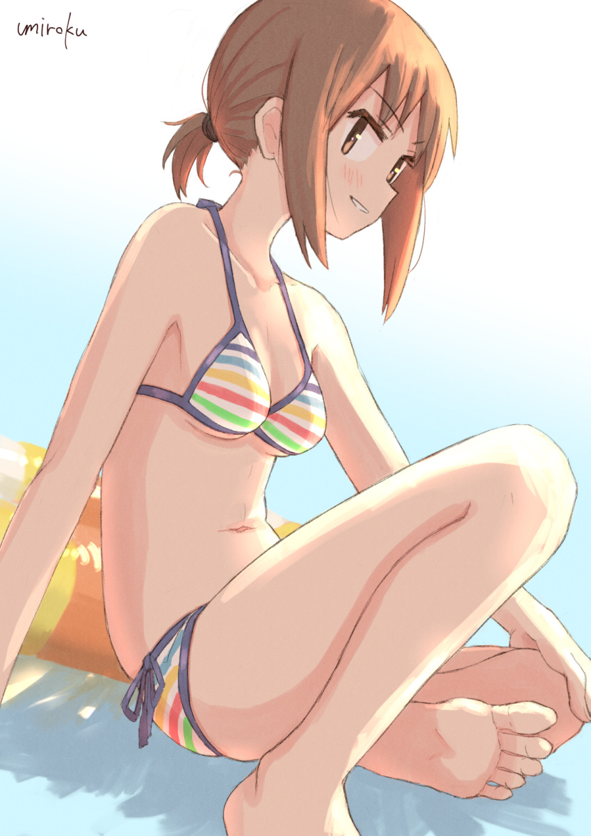 1girl artist_name bangs bare_arms bare_legs bare_shoulders barefoot bikini blush breasts brown_eyes brown_hair commentary_request eyebrows_visible_through_hair highres innertube knee_up looking_at_viewer medium_breasts navel okano_kei parted_lips sidelocks signature sitting soles solo striped striped_bikini swimsuit umiroku yuyushiki