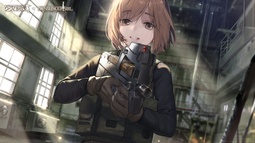 1girl brown_eyes brown_hair bullpup crying crying_with_eyes_open factory girls_frontline gun gunslinger_girl henrietta_(gunslinger_girl) highres looking_at_viewer p90 ruins solo submachine_gun tears weapon window