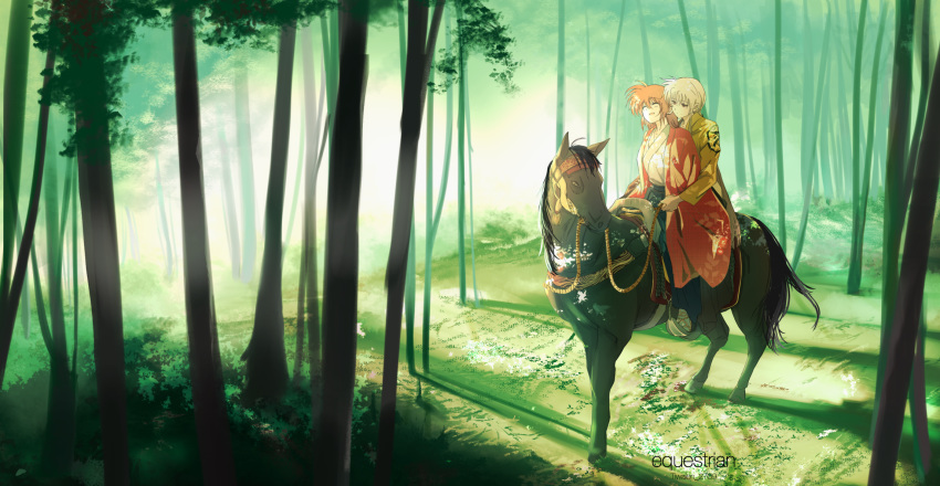 2girls blonde_hair brown_hair bush closed_eyes commentary fate_testarossa forest grass hakama highres holding_hands horse horseback_riding japanese_clothes long_hair looking_at_another lyrical_nanoha medium_hair multiple_girls nature open_mouth ossan_jololol outdoors red_eyes reins riding saddle sandals skirt smile sunlight takamachi_nanoha tree yuri