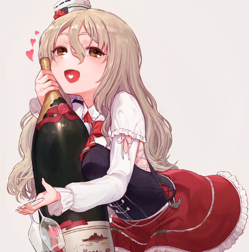 1girl blush bottle breasts brown_eyes commentary_request cup drinking_glass eyebrows_visible_through_hair hair_between_eyes hat heart highres kantai_collection light_brown_hair long_hair long_sleeves looking_at_viewer medium_breasts mini_hat open_mouth pola_(kantai_collection) red_skirt simple_background skirt smile solo tilted_headwear wavy_hair white_background wine_bottle wine_glass yoshino_ns