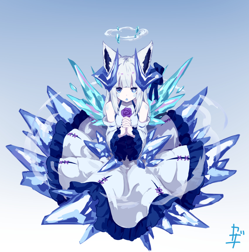 1girl :o animal_ears bangs bare_shoulders blue_background blue_eyes blue_nails blush_stickers curled_horns detached_sleeves dress eyebrows_behind_hair flower frilled_dress frilled_sleeves frills gradient gradient_background hands_clasped highres horns ice kazana_(sakuto) long_hair long_sleeves looking_at_viewer nail_polish original own_hands_together parted_lips purple_flower purple_rose rose silver_hair sleeveless sleeveless_dress solo white_background white_dress white_sleeves wide_sleeves