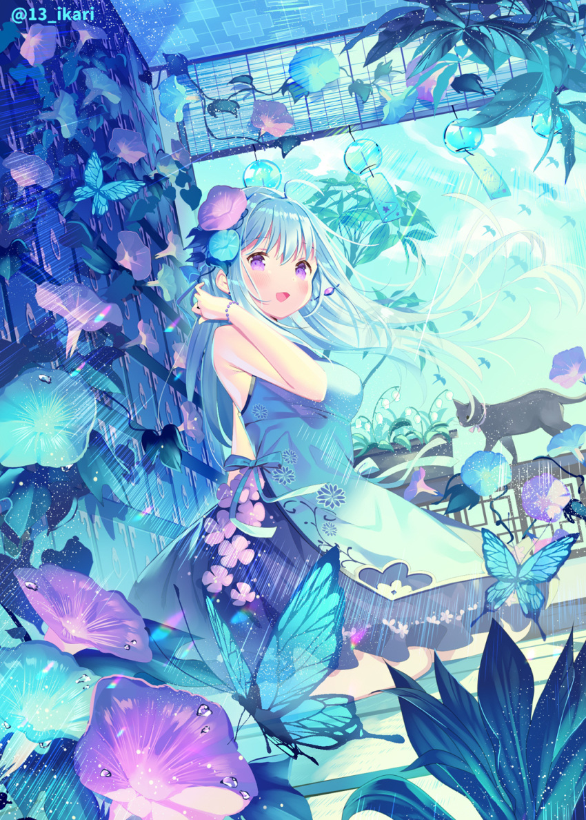 1girl :d ahoge animal bangs bare_arms bare_shoulders black_cat blue_bow blue_dress blue_flower blue_hair blush bow bracelet breasts bug butterfly cat commentary_request dress earrings eyebrows_visible_through_hair floating_hair floral_print flower hair_between_eyes hair_flower hair_ornament hand_up highres ikari_(aor3507) indoors insect jewelry long_hair medium_breasts open_mouth original print_dress purple_flower sleeveless sleeveless_dress smile solo standing stud_earrings twitter_username very_long_hair violet_eyes white_flower wind_chime