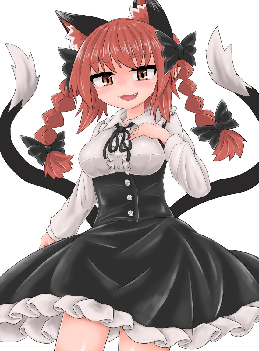 1girl :3 alternate_costume animal_ears bangs black_bow black_dress black_ribbon black_tail bow braid breasts buttons cat_ears cat_tail chups collared_shirt dress extra_ears eyebrows_visible_through_hair fang frilled_dress frills hair_bow hand_on_own_chest highres kaenbyou_rin long_sleeves looking_at_viewer multiple_tails open_mouth red_eyes red_nails red_neckwear redhead ribbon shirt short_hair simple_background smile solo tail touhou twin_braids two_tails white_background white_frills white_shirt white_sleeves