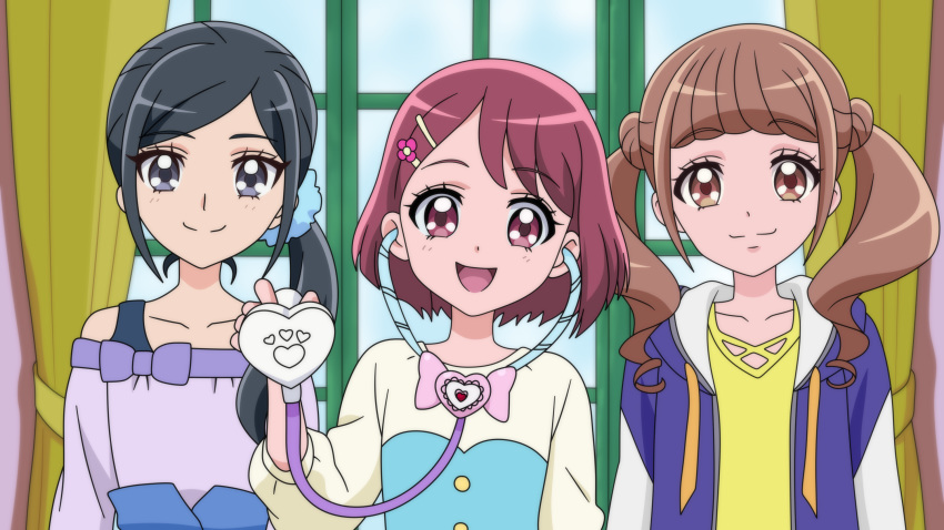 3girls :d anime_coloring bangs black_hair blue_scrunchie blunt_bangs brown_eyes brown_hair closed_mouth collarbone curtains dearigazu2001 flower grey_eyes hair_flower hair_ornament hair_over_shoulder hair_scrunchie hairclip hanadera_nodoka healin'_good_precure highres hiramitsu_hinata hood hood_down hooded_jacket indoors jacket long_hair long_sleeves looking_at_viewer multiple_girls open_clothes open_jacket open_mouth parted_bangs precure purple_jacket sawaizumi_chiyu scrunchie shiny shiny_hair shirt short_hair side_ponytail smile stethoscope twintails upper_body yellow_shirt